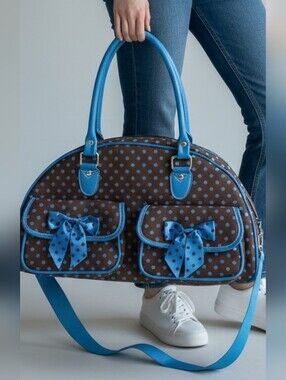 Brown & Blue Polka Dot Duffle Bag Bows Quilted Travel Weekender Overnight Tote
